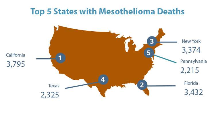 Top 5 States with Mesothelioma Deaths In USA